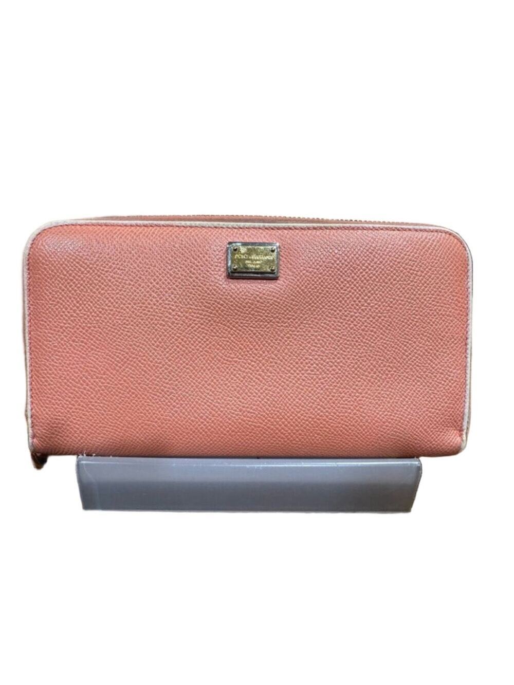 Dolce & Gabbana Women's Peach color Zip Around Wallet /Wristlet Pebbled Leather